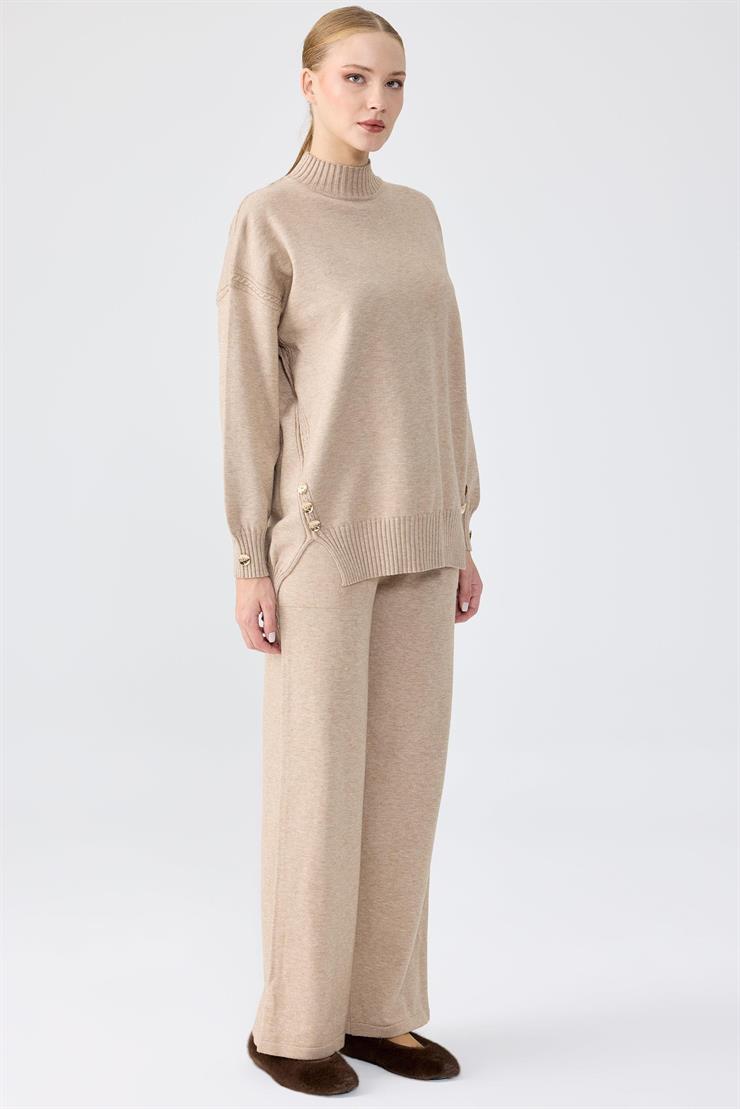 Yanları Düğmeli Tunik Pantolon Takım VİZON