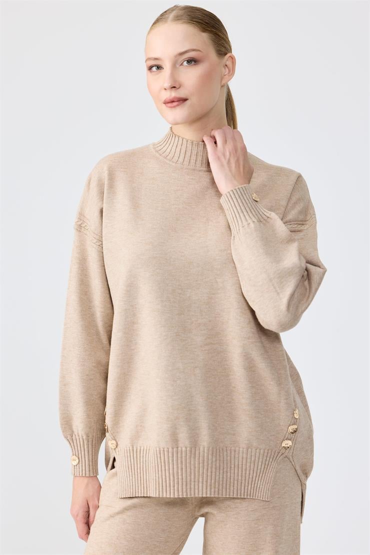 Yanları Düğmeli Tunik Pantolon Takım VİZON