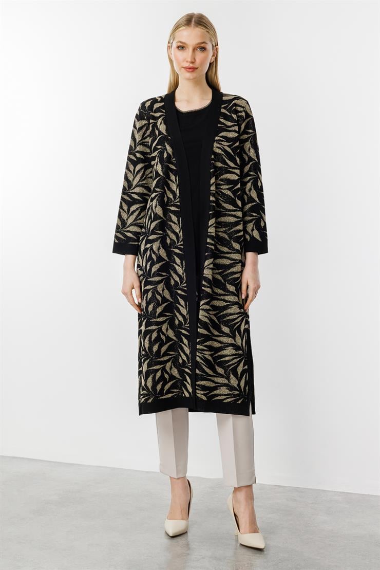 Yaprak Desenli Simli Triko Hırka-Siyah-Gold