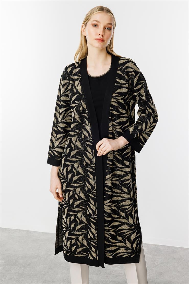 Yaprak Desenli Simli Triko Hırka-Siyah-Gold