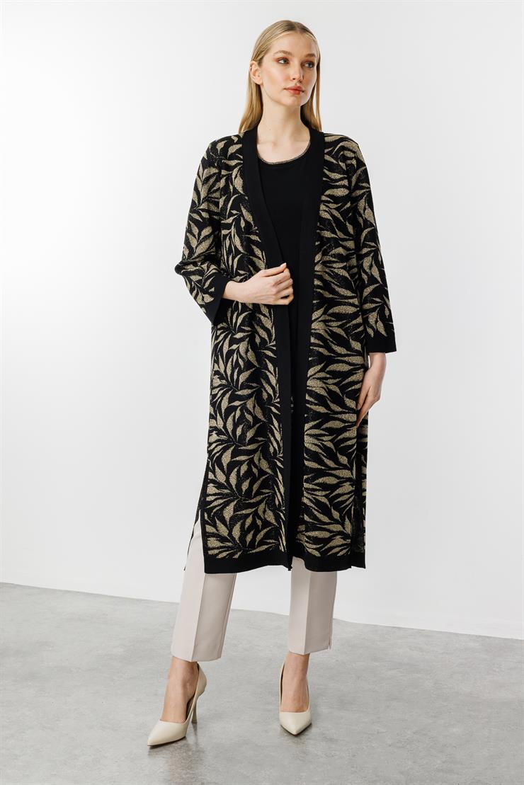 Yaprak Desenli Simli Triko Hırka-Siyah-Gold