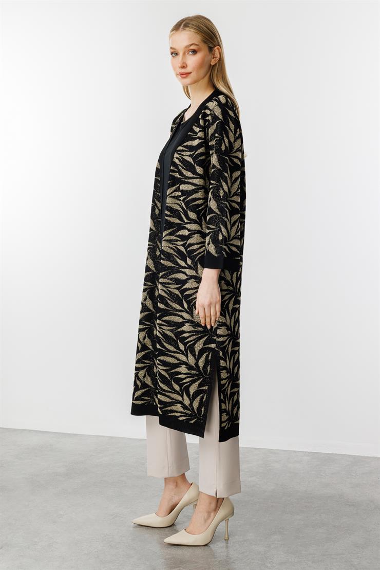 Yaprak Desenli Simli Triko Hırka-Siyah-Gold