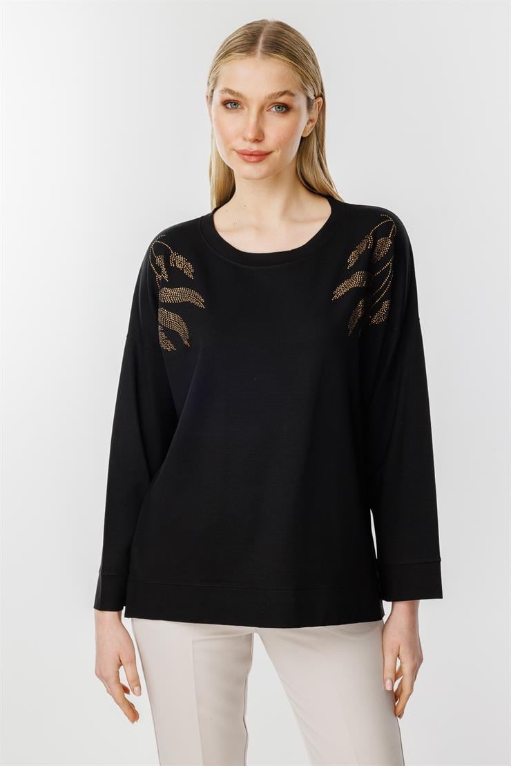 Yaprak Taş Detaylı Bluz-SİYAH