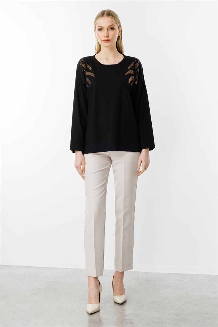 Yaprak Taş Detaylı Bluz-SİYAH