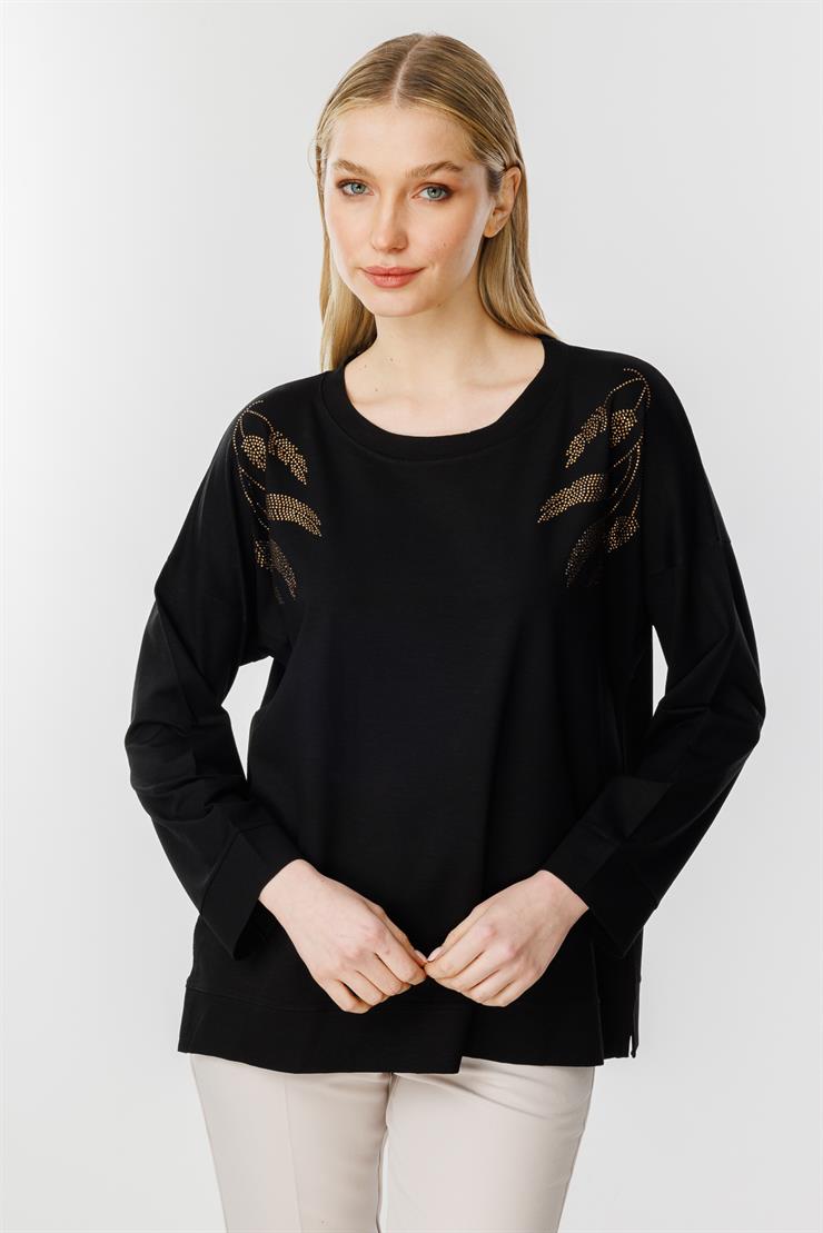 Yaprak Taş Detaylı Bluz-SİYAH