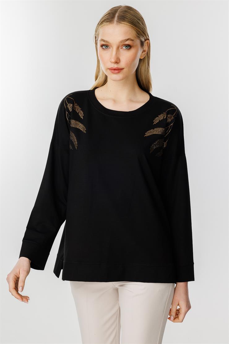 Yaprak Taş Detaylı Bluz-SİYAH