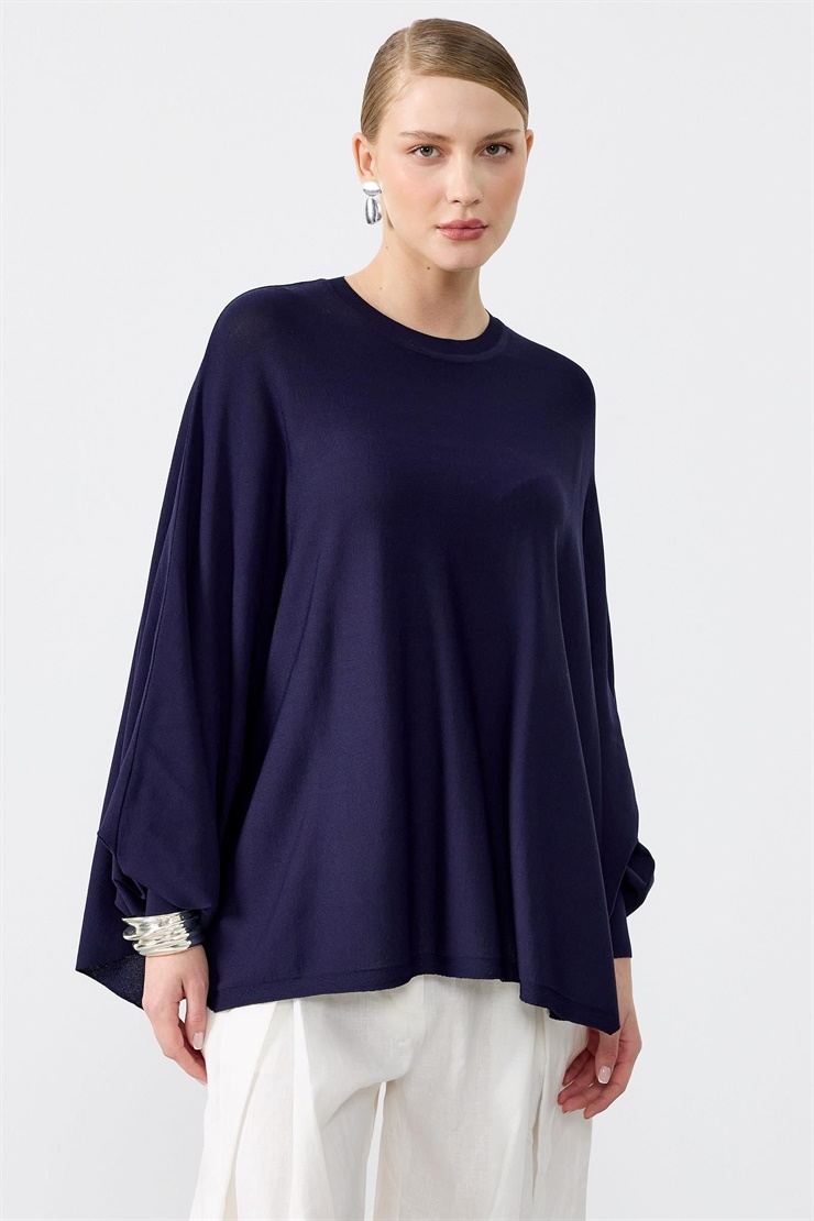 Yarasa Kol Sıfır Yaka Bluz LACİVERT