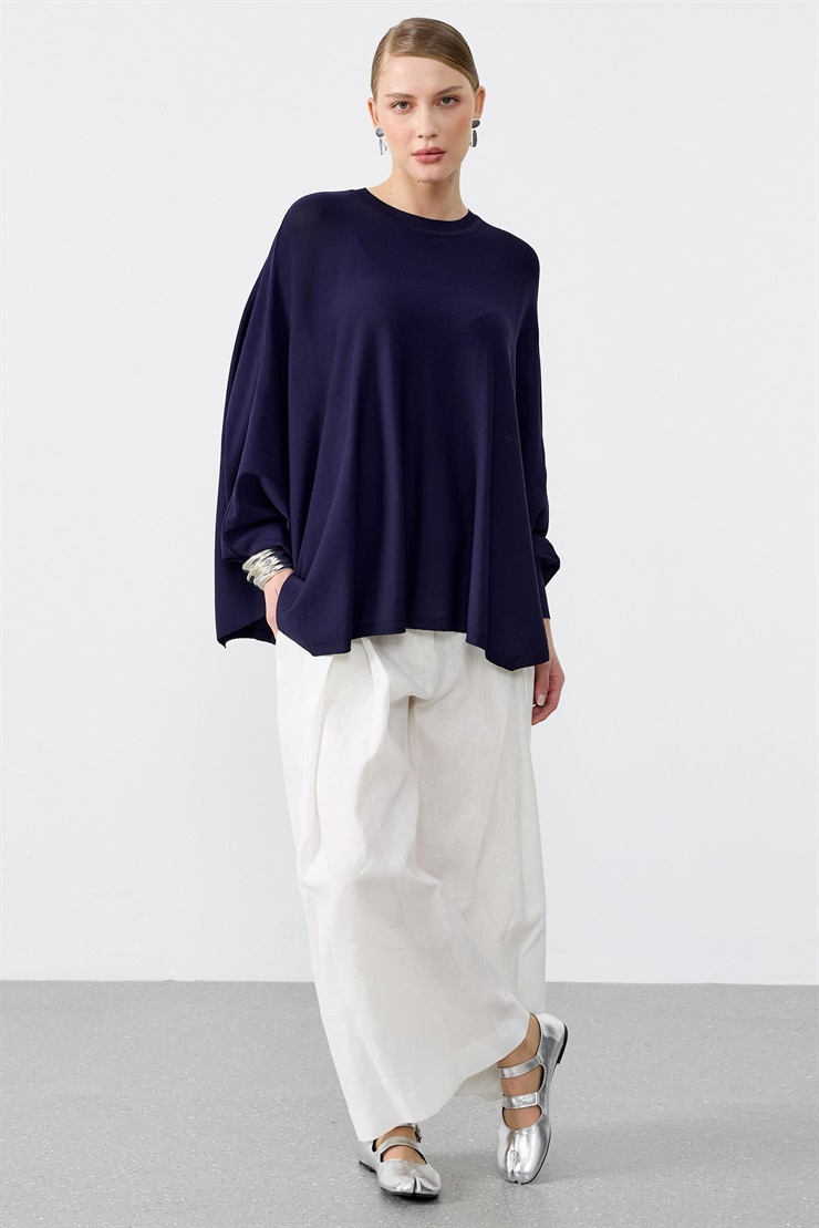 Yarasa Kol Sıfır Yaka Bluz LACİVERT