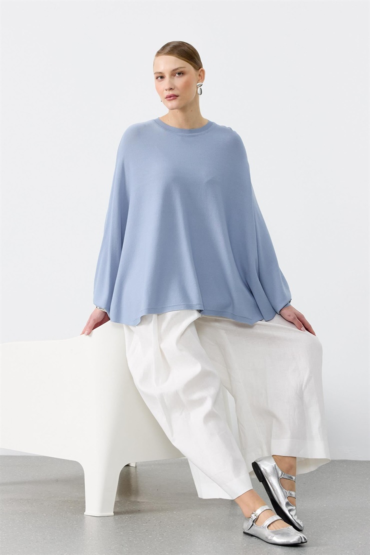 Yarasa Kol Sıfır Yaka Bluz MAVİ