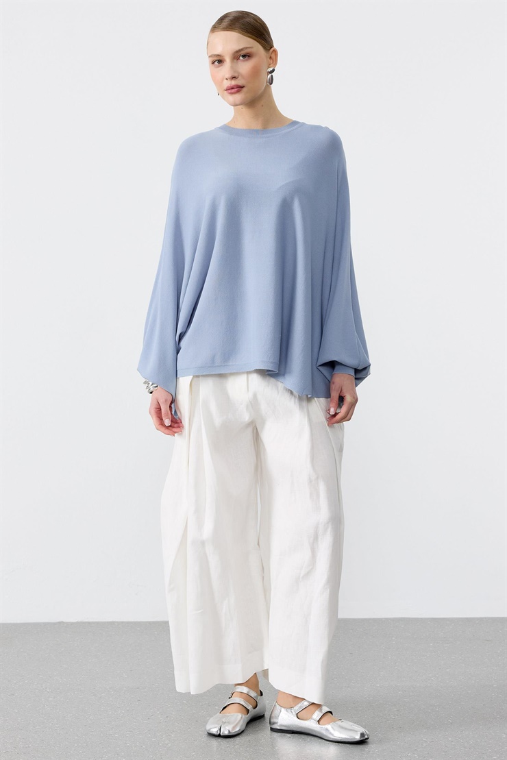 Yarasa Kol Sıfır Yaka Bluz MAVİ