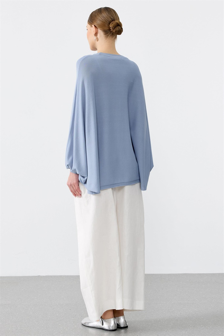 Yarasa Kol Sıfır Yaka Bluz MAVİ