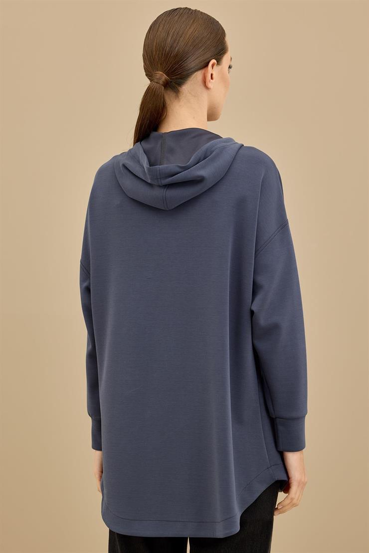 Yarım Fermuarlı Kapüşonlu Robası Allerli Tunik LACİVERT