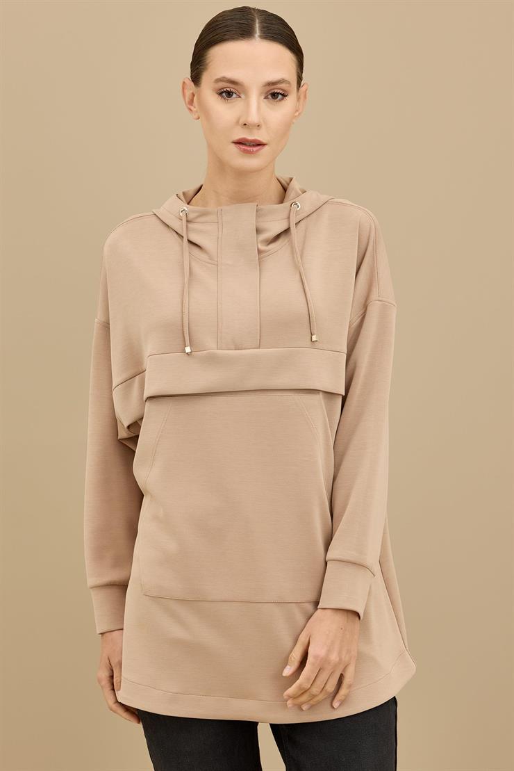 Yarım Fermuarlı Kapüşonlu Robası Allerli Tunik CAMEL