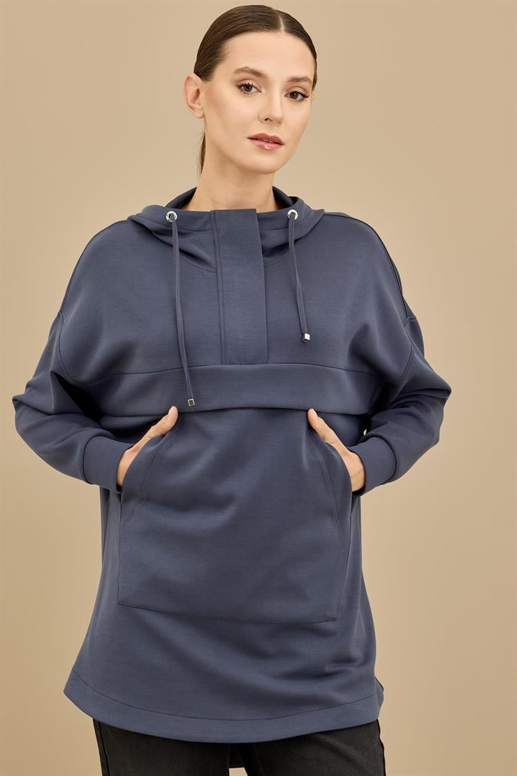Yarım Fermuarlı Kapüşonlu Robası Allerli Tunik LACİVERT