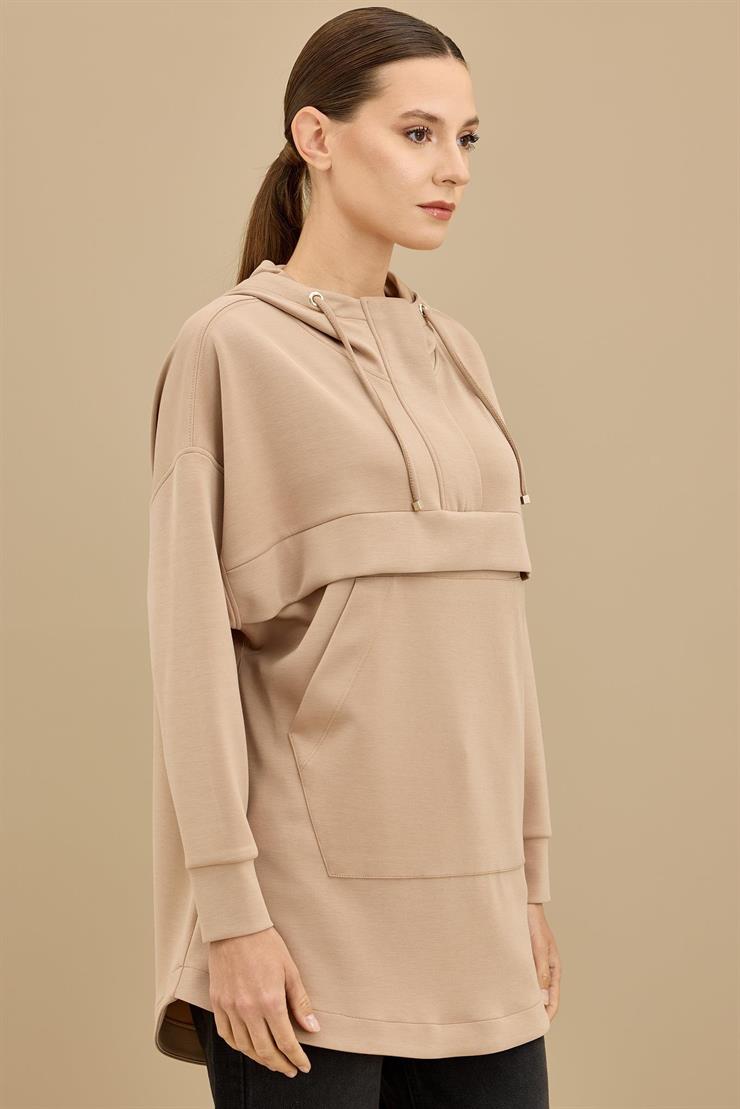 Yarım Fermuarlı Kapüşonlu Robası Allerli Tunik CAMEL