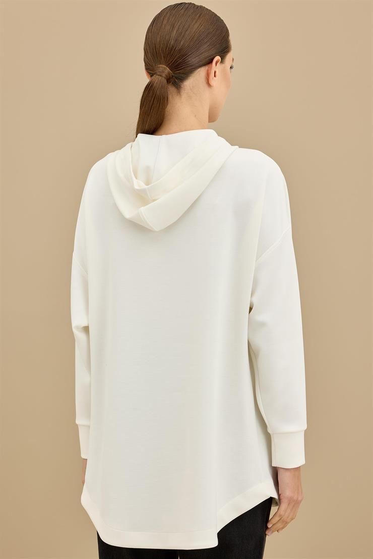 Yarım Fermuarlı Kapüşonlu Robası Allerli Tunik EKRU