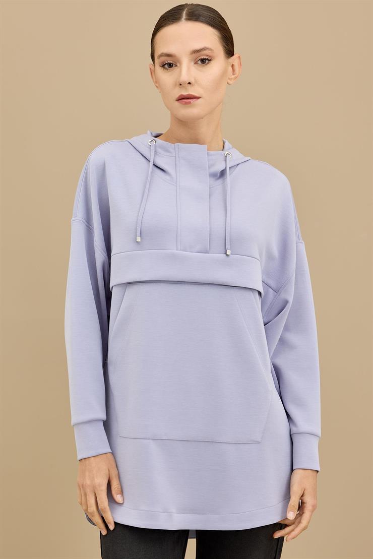 Yarım Fermuarlı Kapüşonlu Robası Allerli Tunik MAVİ