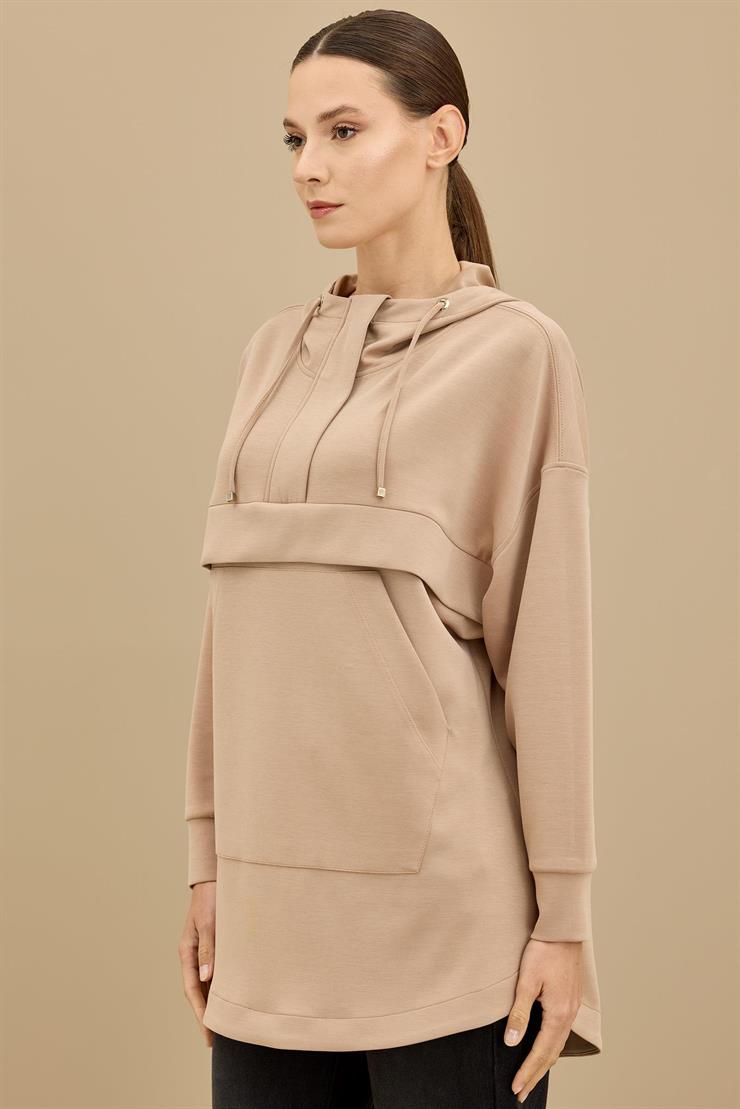 Yarım Fermuarlı Kapüşonlu Robası Allerli Tunik CAMEL