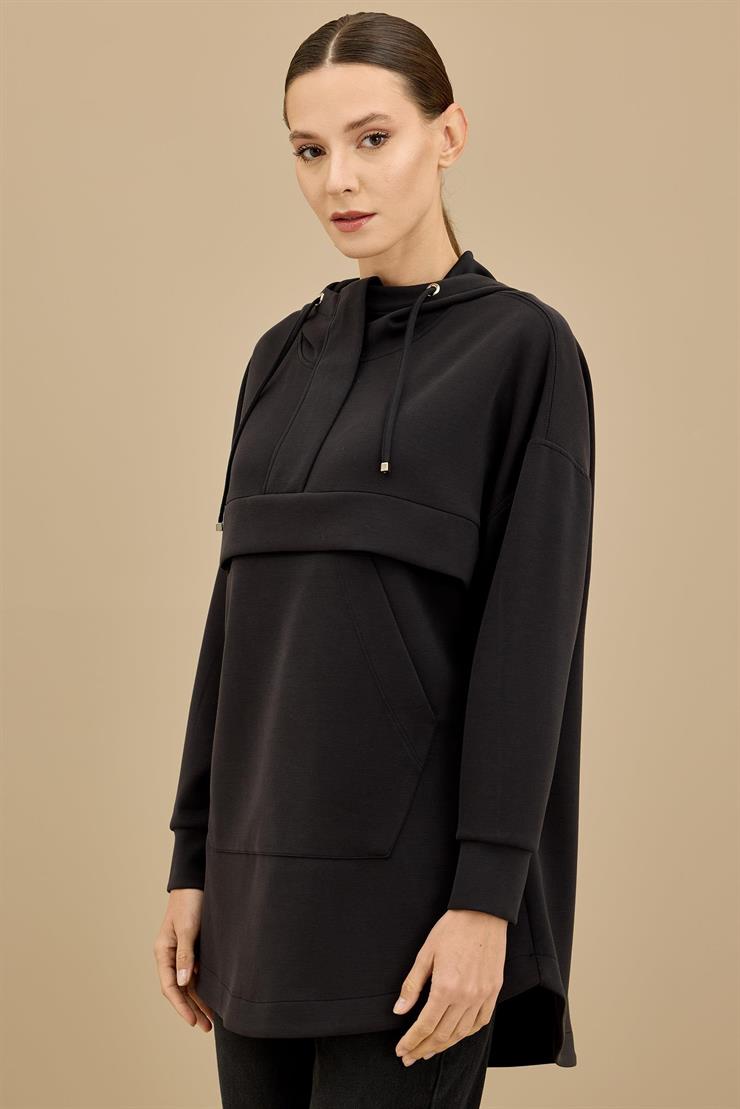 Yarım Fermuarlı Kapüşonlu Robası Allerli Tunik SİYAH