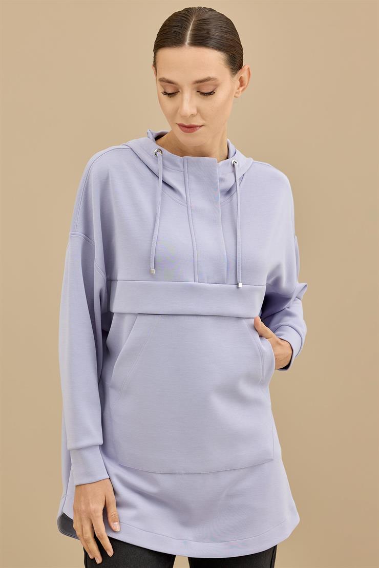 Yarım Fermuarlı Kapüşonlu Robası Allerli Tunik MAVİ