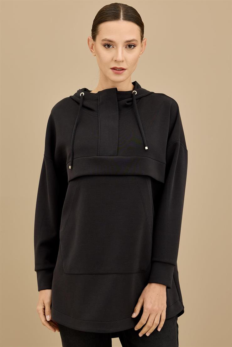 Yarım Fermuarlı Kapüşonlu Robası Allerli Tunik SİYAH