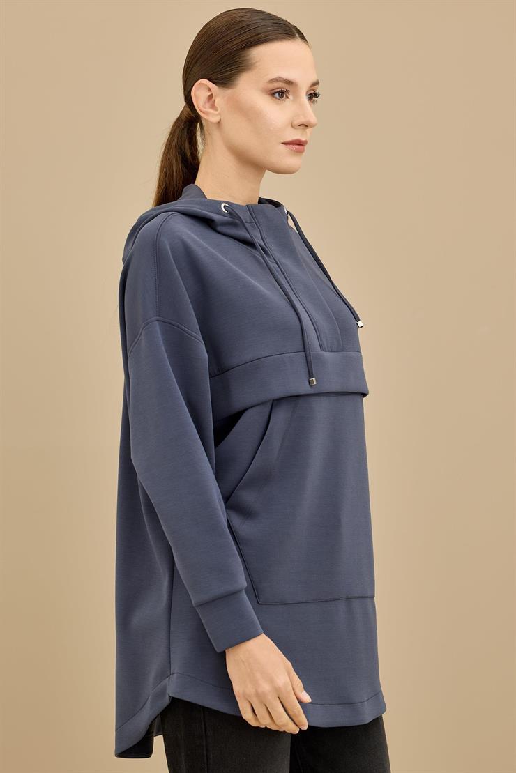 Yarım Fermuarlı Kapüşonlu Robası Allerli Tunik LACİVERT