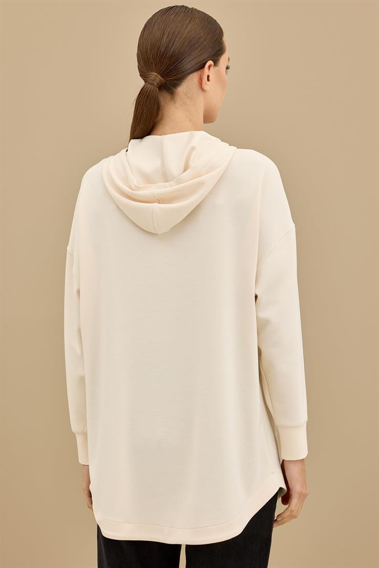 Yarım Fermuarlı Kapüşonlu Robası Allerli Tunik BEJ