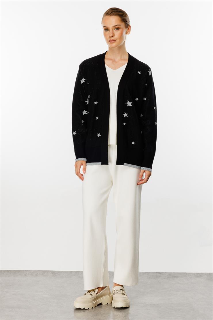 Yıldız Desenli Triko Hırka-Siyah-Gümüş