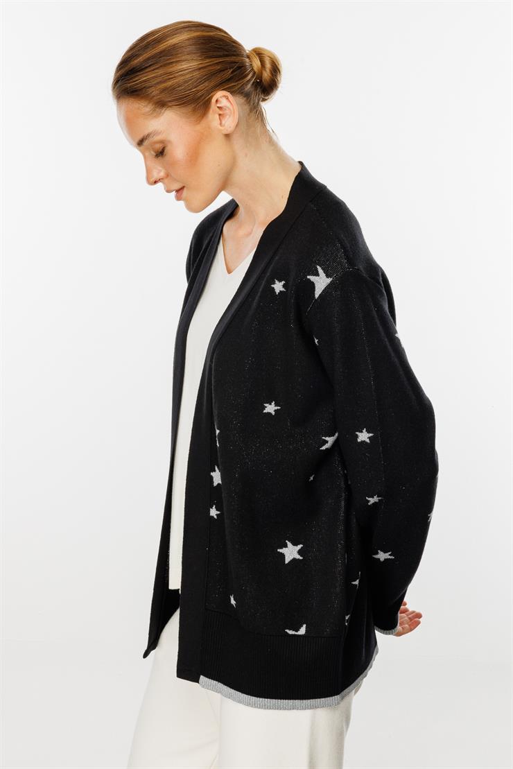 Yıldız Desenli Triko Hırka-Siyah-Gümüş