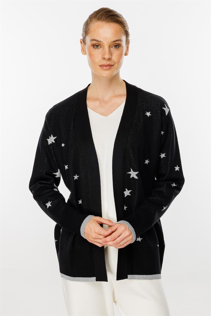 Yıldız Desenli Triko Hırka-Siyah-Gümüş