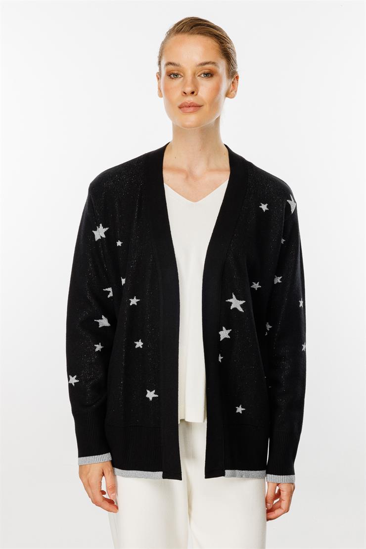 Yıldız Desenli Triko Hırka-Siyah-Gümüş