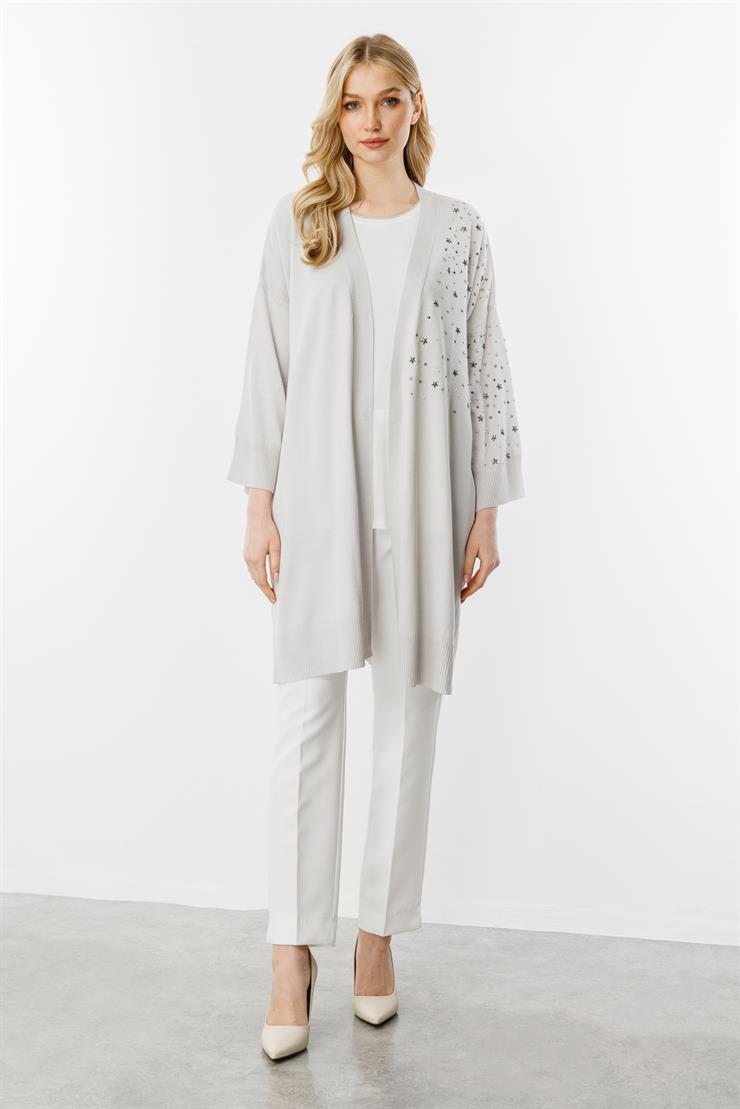 Yıldız Taş Detaylı Triko Hırka-Gri