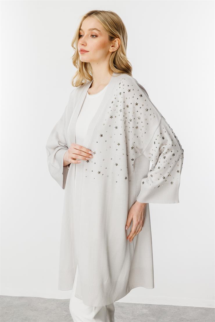 Yıldız Taş Detaylı Triko Hırka-Gri