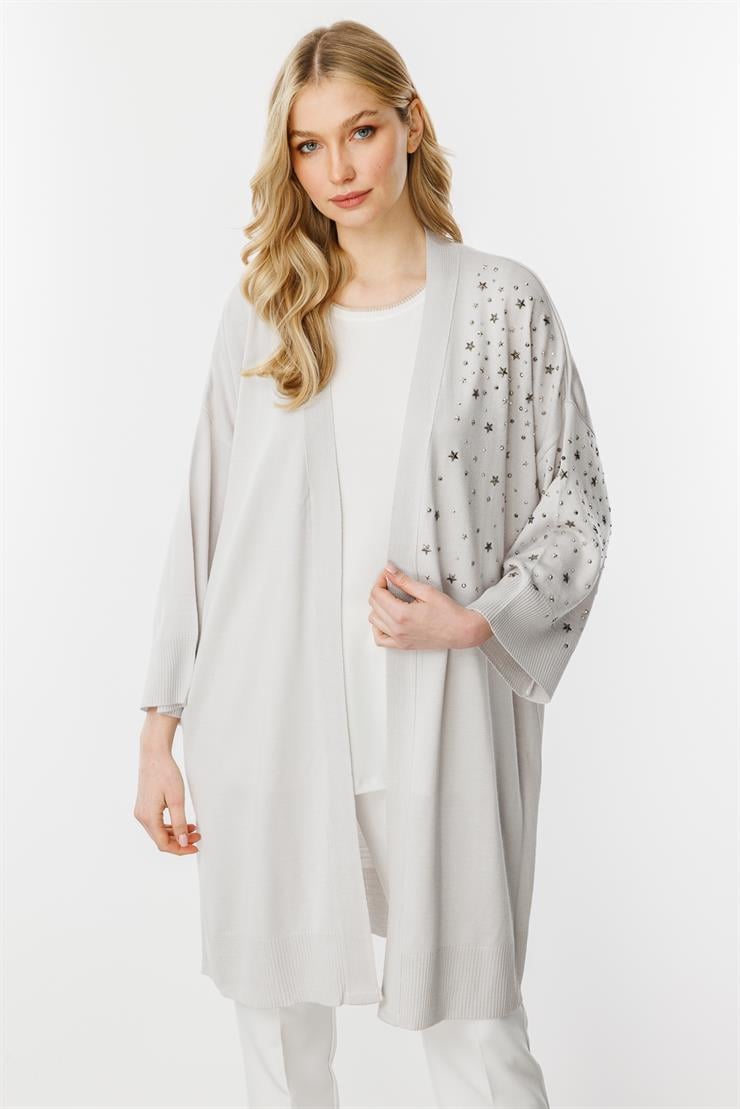 Yıldız Taş Detaylı Triko Hırka-Gri