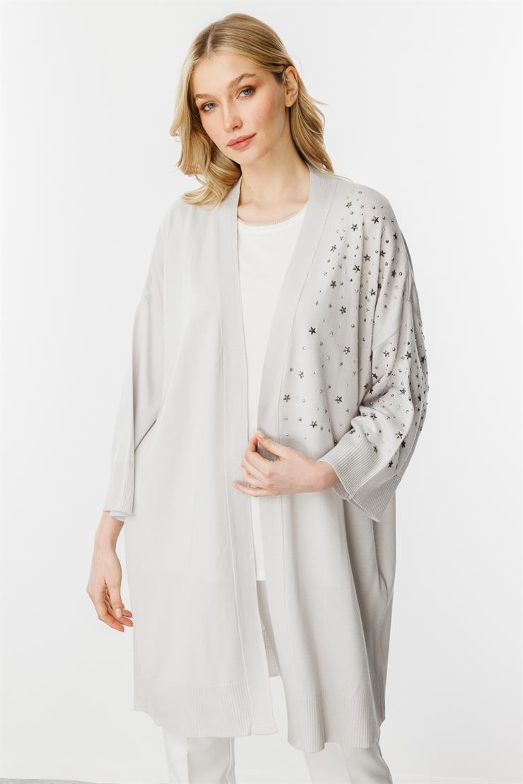 Yıldız Taş Detaylı Triko Hırka-Gri