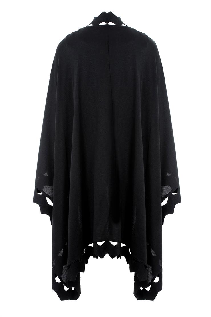 Zikzak Detaylı Triko Pelerin-SİYAH