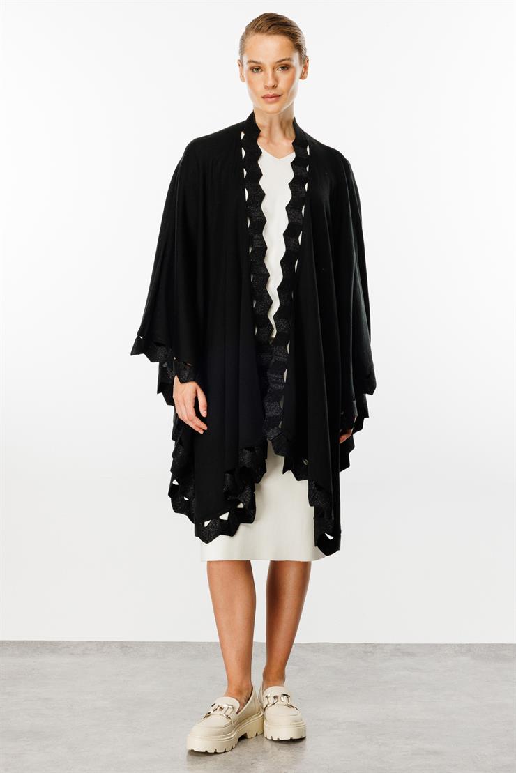 Zikzak Detaylı Triko Pelerin-SİYAH-SİYAH