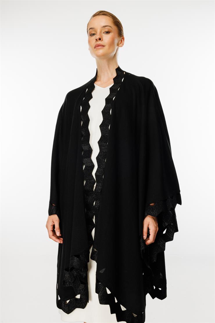 Zikzak Detaylı Triko Pelerin-SİYAH-SİYAH