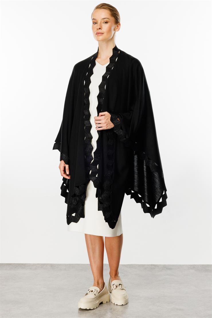 Zikzak Detaylı Triko Pelerin-SİYAH-SİYAH