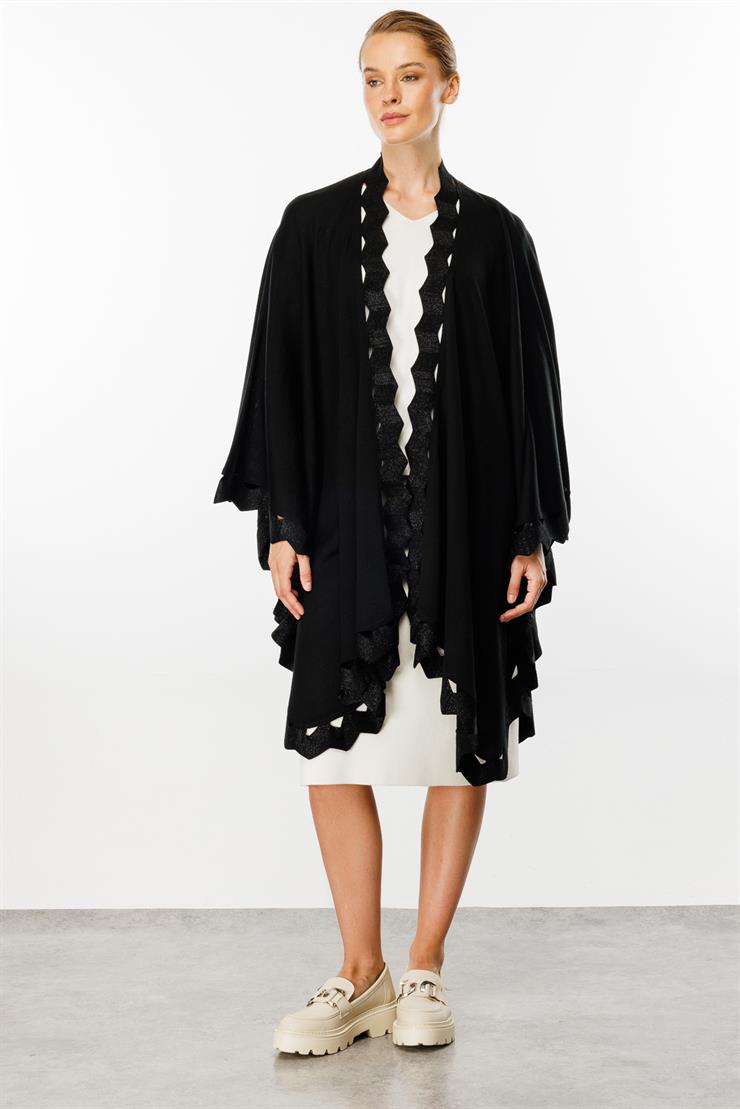 Zikzak Detaylı Triko Pelerin-SİYAH-SİYAH