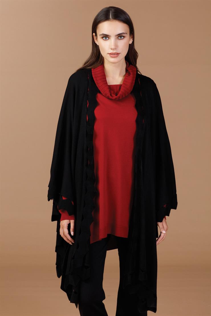 Zikzak Detaylı Triko Pelerin-SİYAH