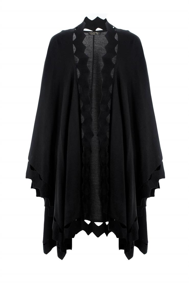 Zikzak Detaylı Triko Pelerin-SİYAH