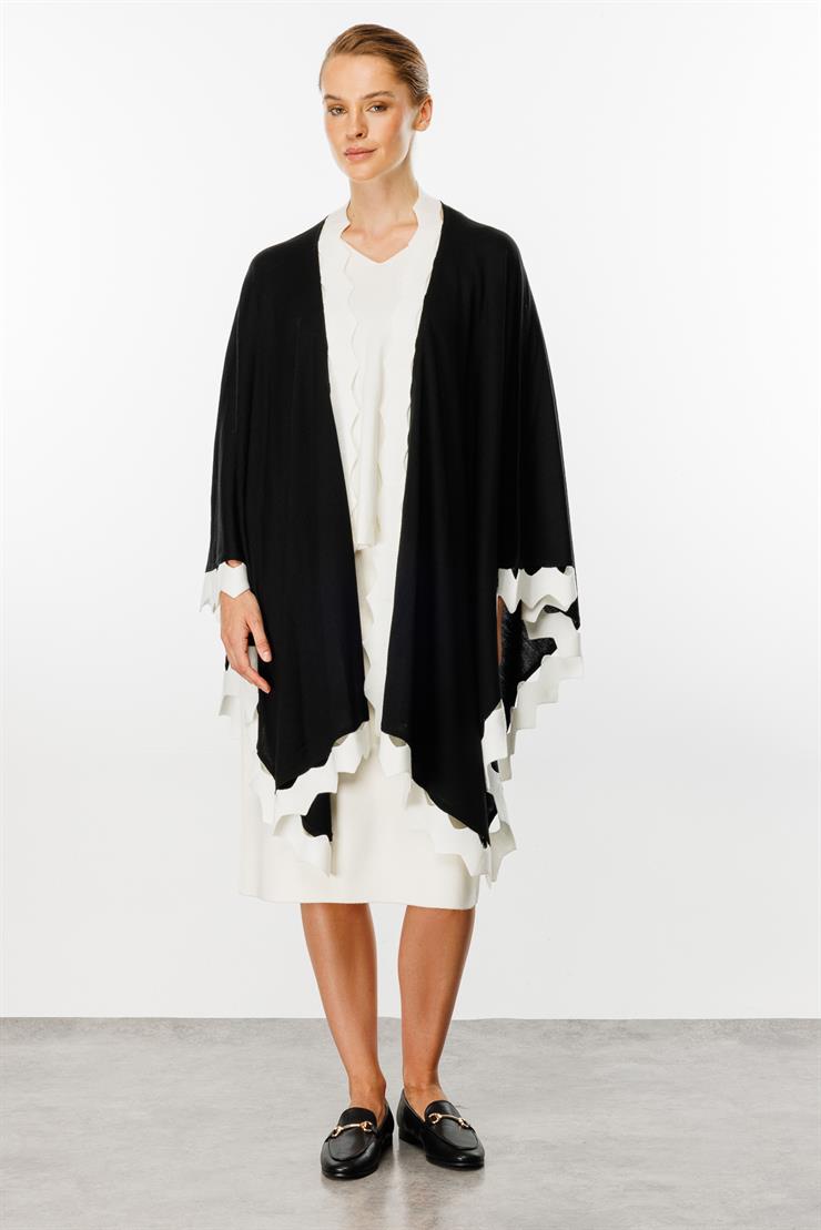 Zikzak Detaylı Triko Pelerin-Siyah-Ekru