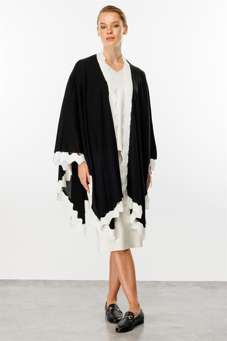 Zikzak Detaylı Triko Pelerin-Siyah-Ekru