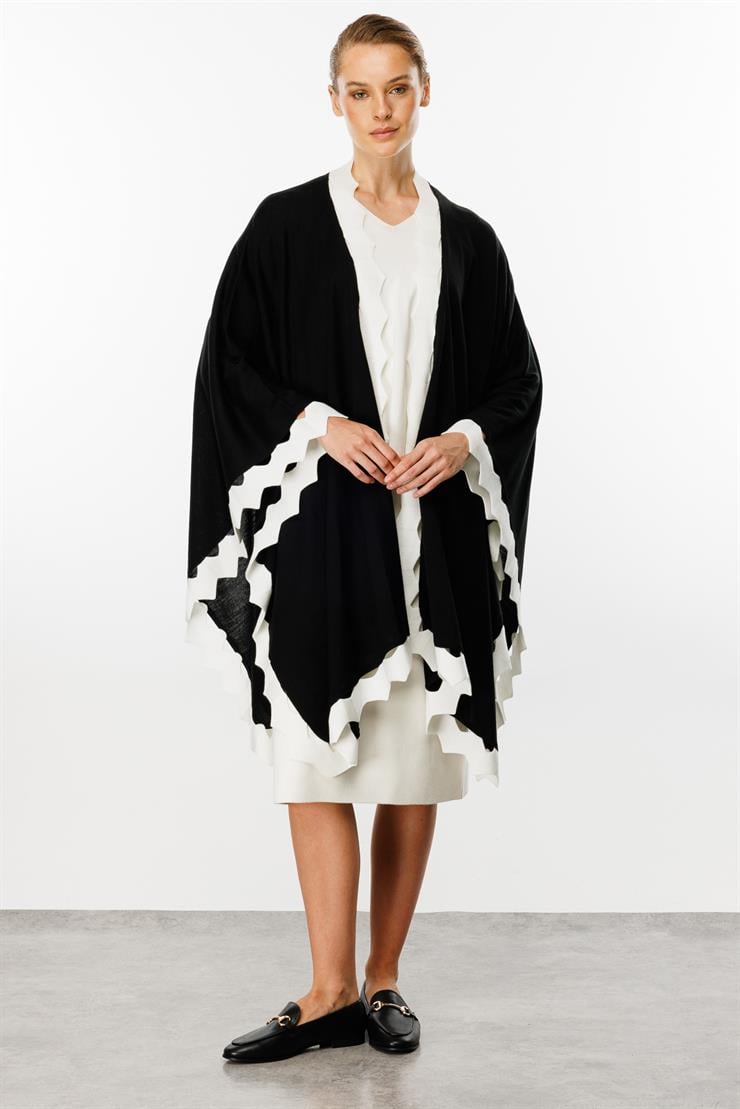 Zikzak Detaylı Triko Pelerin-Siyah-Ekru