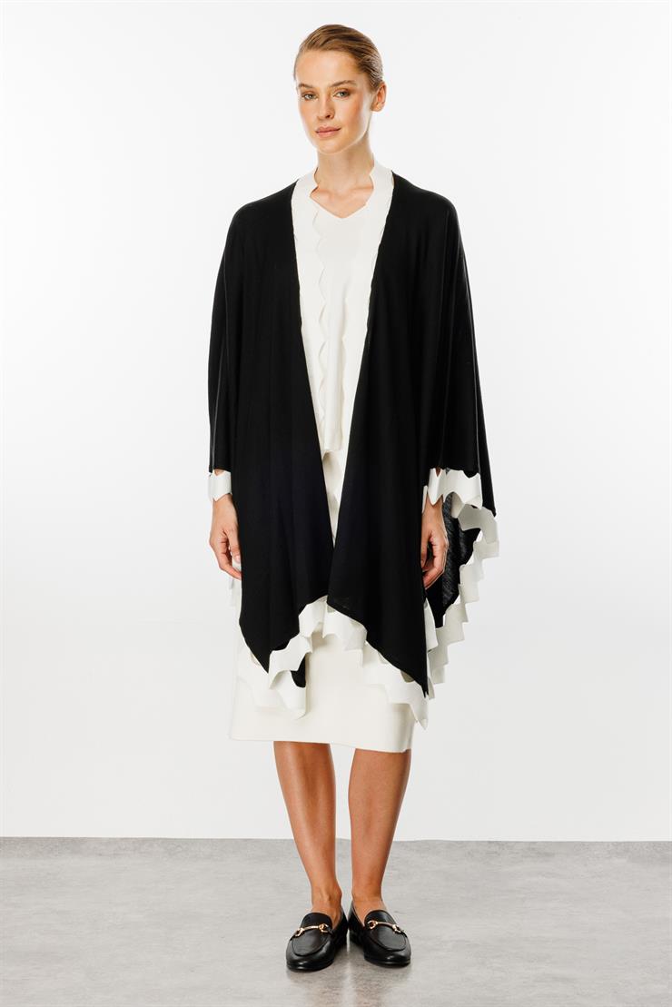 Zikzak Detaylı Triko Pelerin-Siyah-Ekru