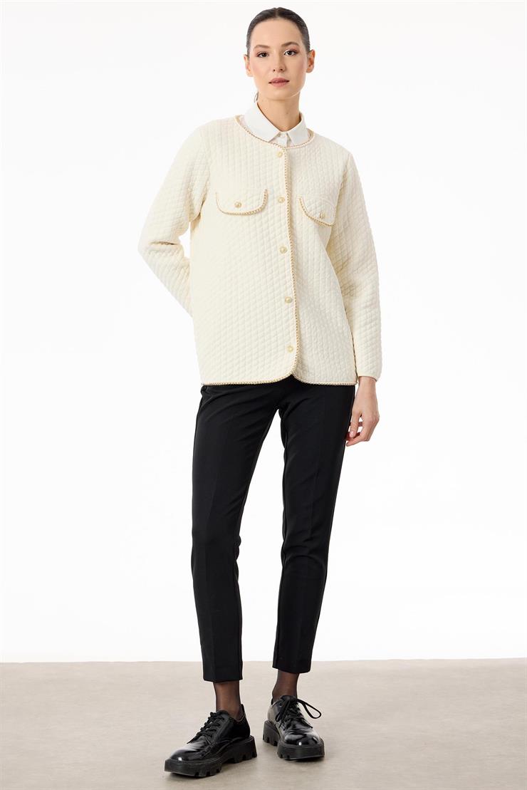 Zincir Detaylı Şönil Triko Ceket EKRU