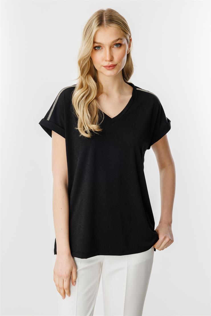 Zincir Detaylı V Yaka Bluz-SİYAH