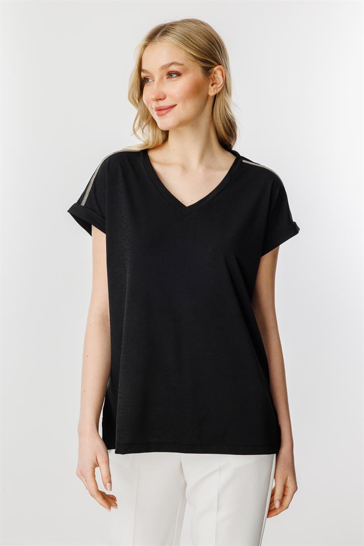 Zincir Detaylı V Yaka Bluz-SİYAH