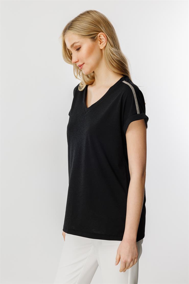 Zincir Detaylı V Yaka Bluz-SİYAH
